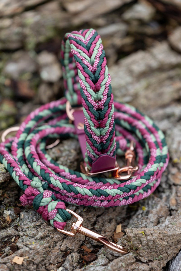 Knüpfgold Hundehalsband und Hundeleine in Rot und Grün mit Rosegoldenen Beschlägen. Edel und Robust, handgefertigt aus Paracord