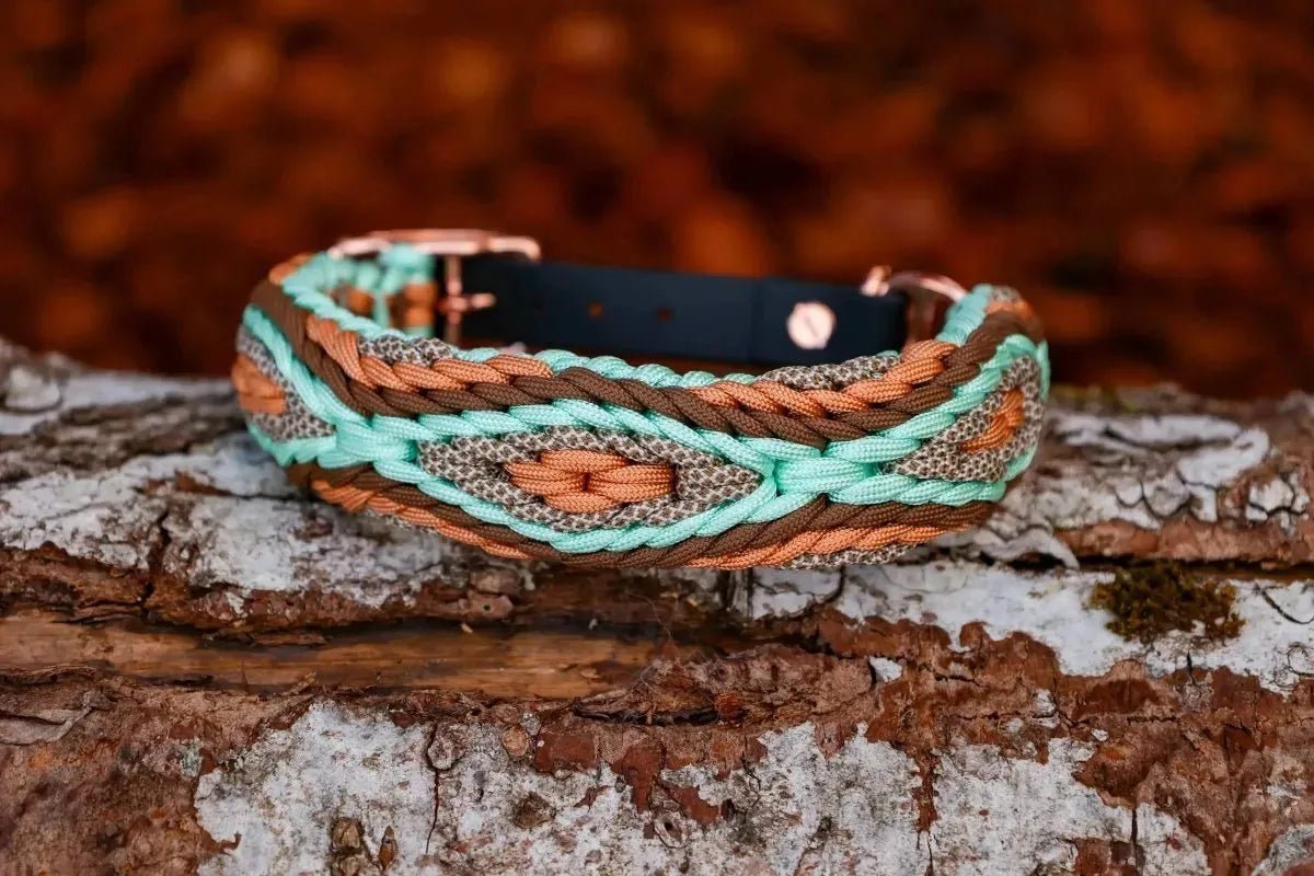 Hundehalsband "Mint Woods" aus Paracord in den Farben Türkis Braun Kupfer Creme . Handgemacht in der Schweiz |Knüpfgold