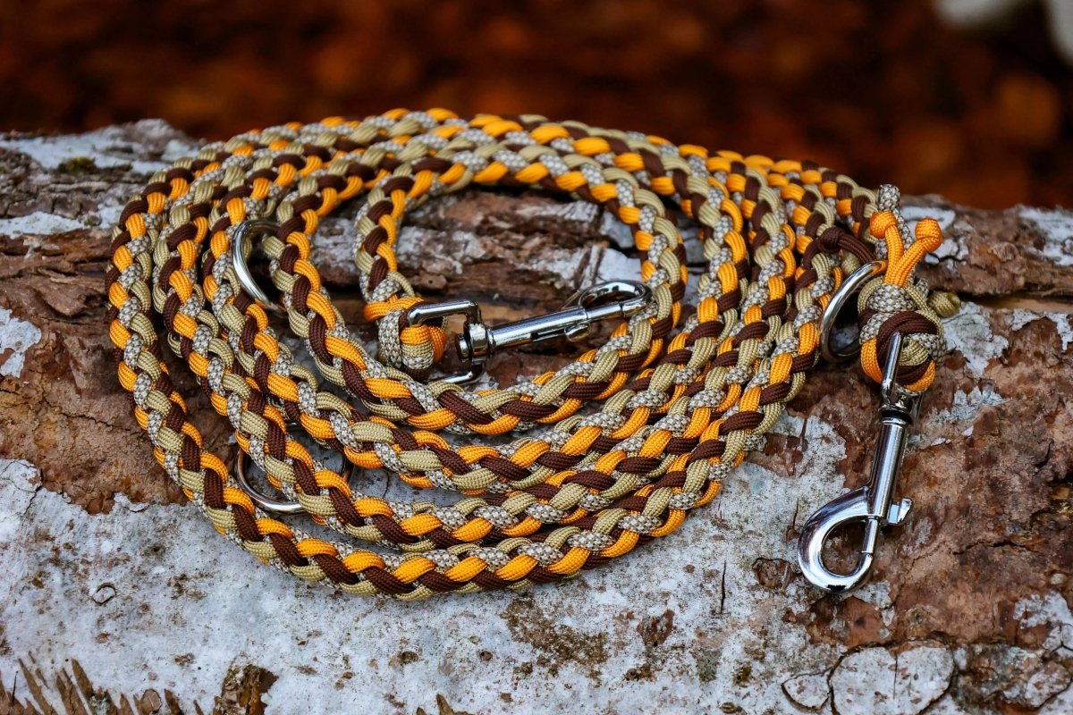 Hundeleine "Golden Autumn" aus Paracord in Gold, Braun, Orange, Creme und silbernen Karabiner