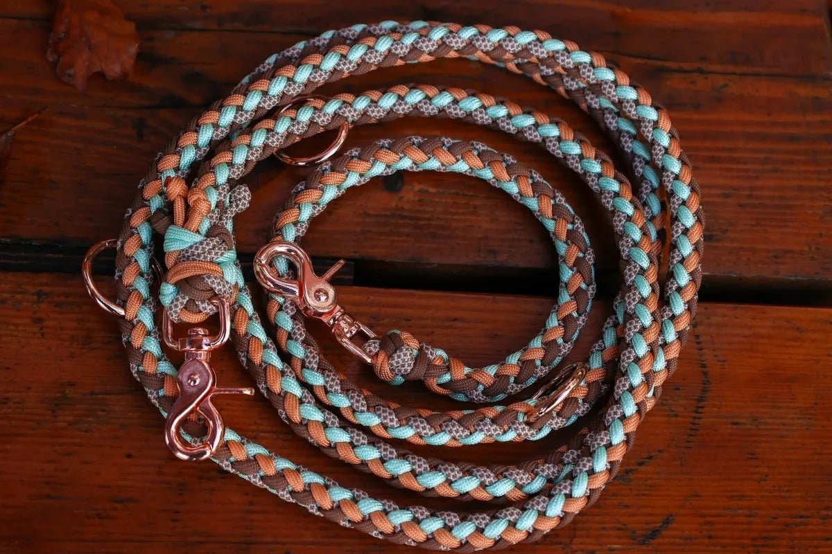 Hundeleine "Mint Woods" aus Paracord in den Farben Orange, Braun, Türkis und Creme mit Rosegoldenen BEschlägen