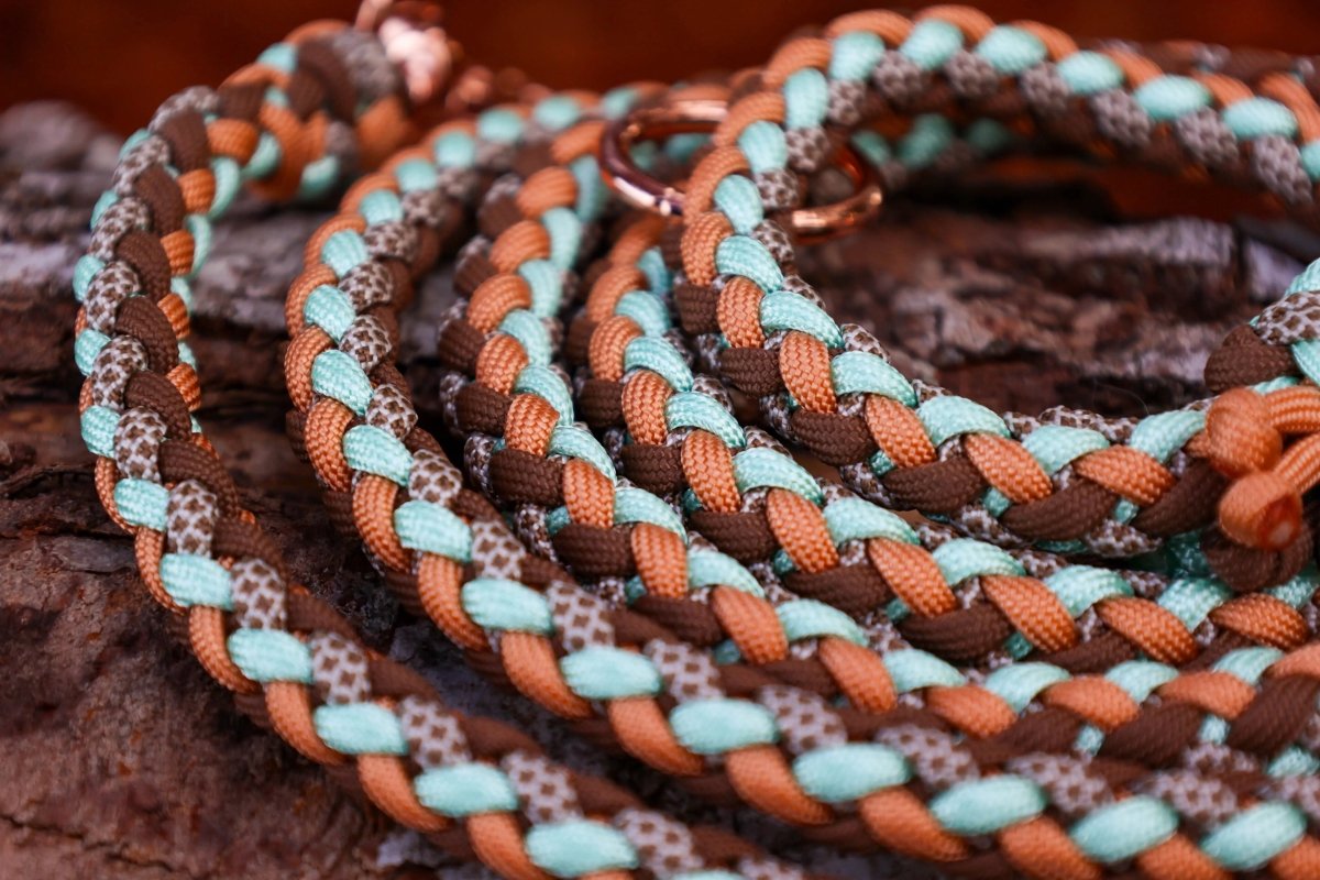 Hundeleine "Mint Woods" aus Paracord in den Farben Orange, Braun, Türkis und Creme mit Rosegoldenen BEschlägen