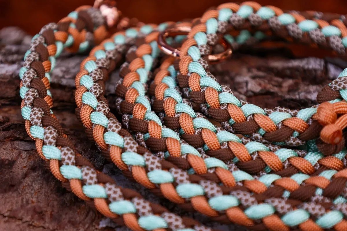 Hundeleine "Mint Woods" aus Paracord in den Farben Orange, Braun, Türkis und Creme mit Rosegoldenen BEschlägen