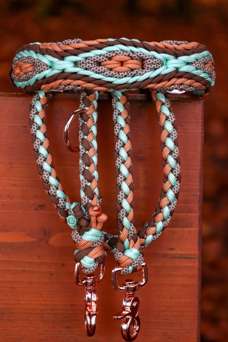 Hundeleine "Mint Woods" aus Paracord und Halsband in den Farben Orange, Braun, Türkis und Creme mit Rosegoldenen BEschlägen
